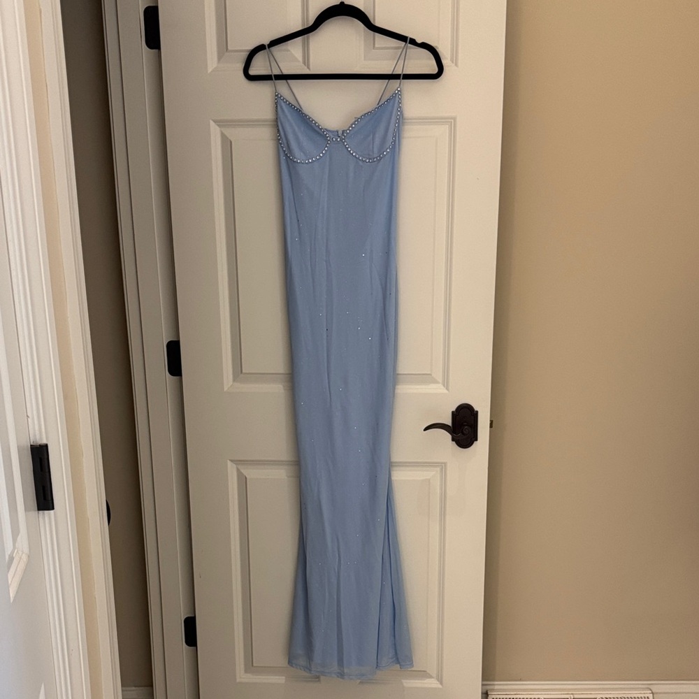 Light Blue Beaded Spaghetti Strap Gown
